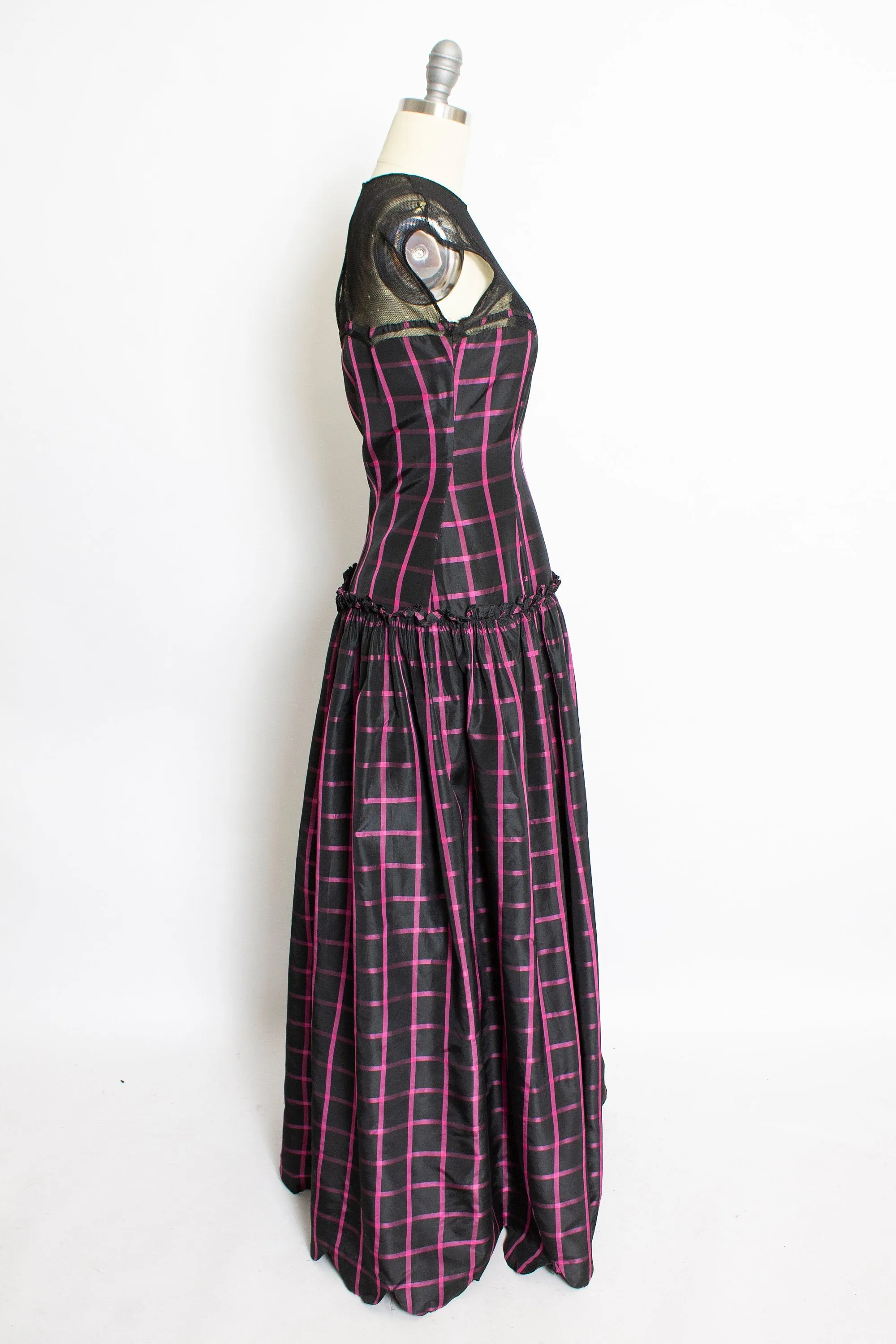 1940s Dress Black Pink Taffeta Illusion Gown 40s Small