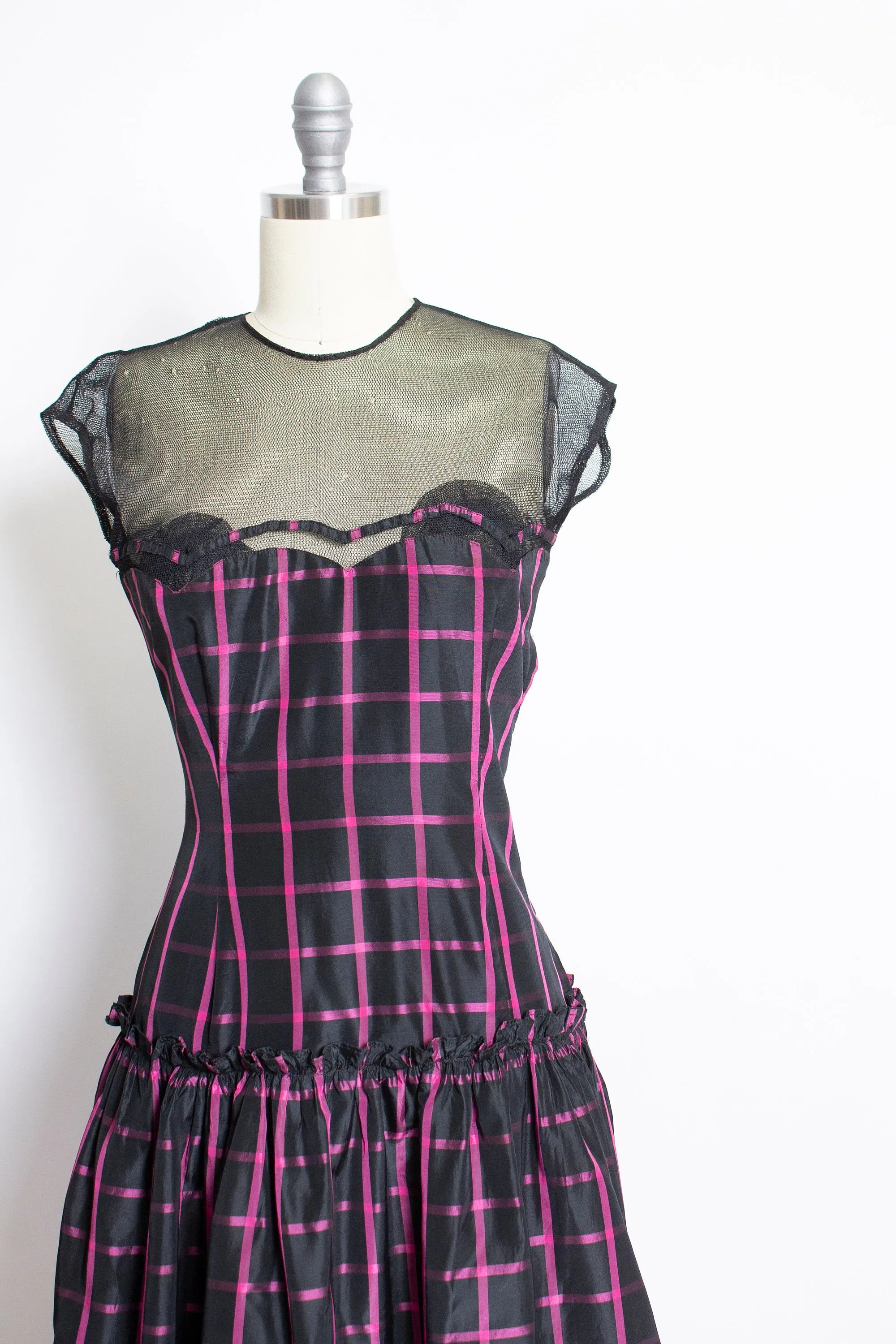 1940s Dress Black Pink Taffeta Illusion Gown 40s Small