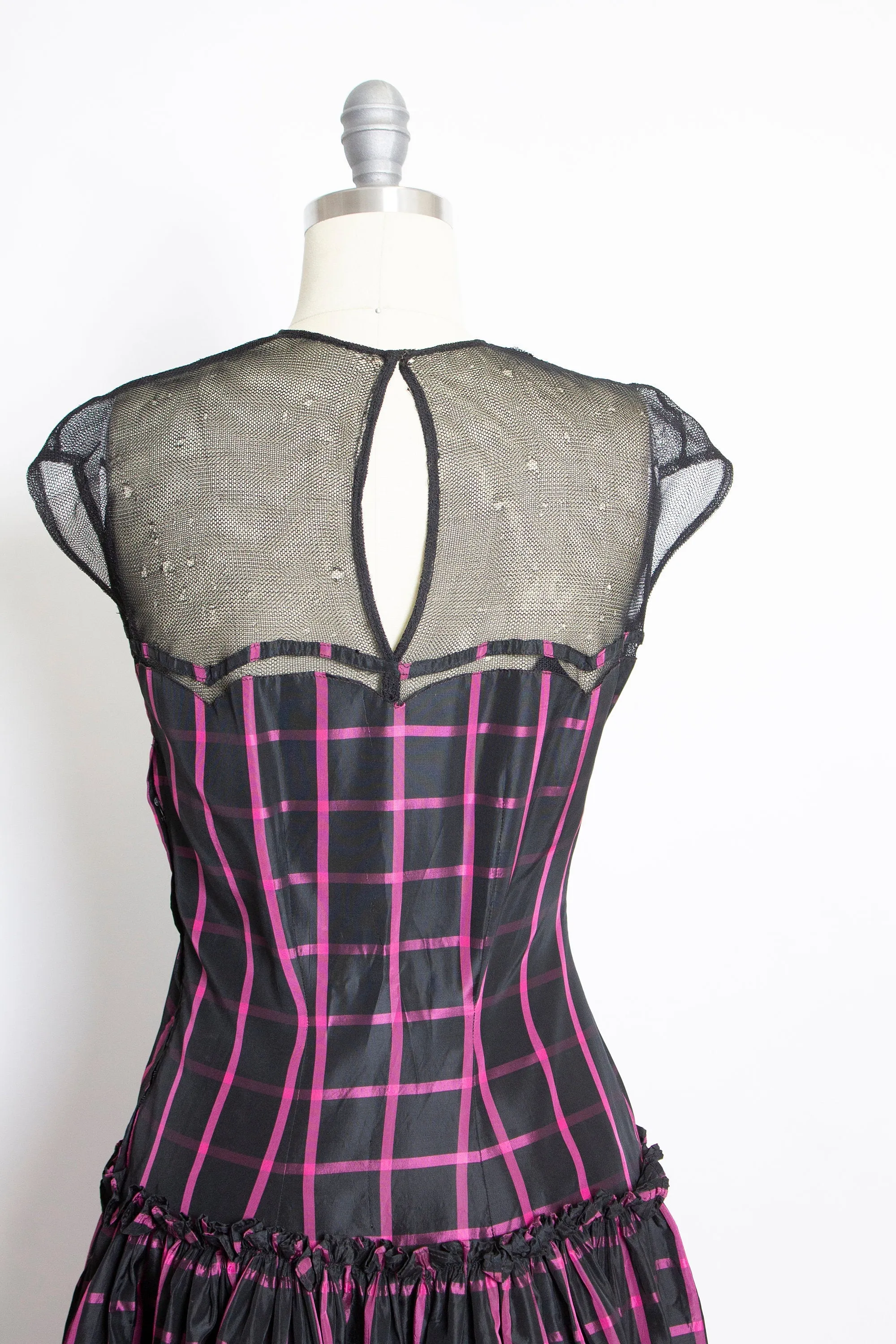 1940s Dress Black Pink Taffeta Illusion Gown 40s Small