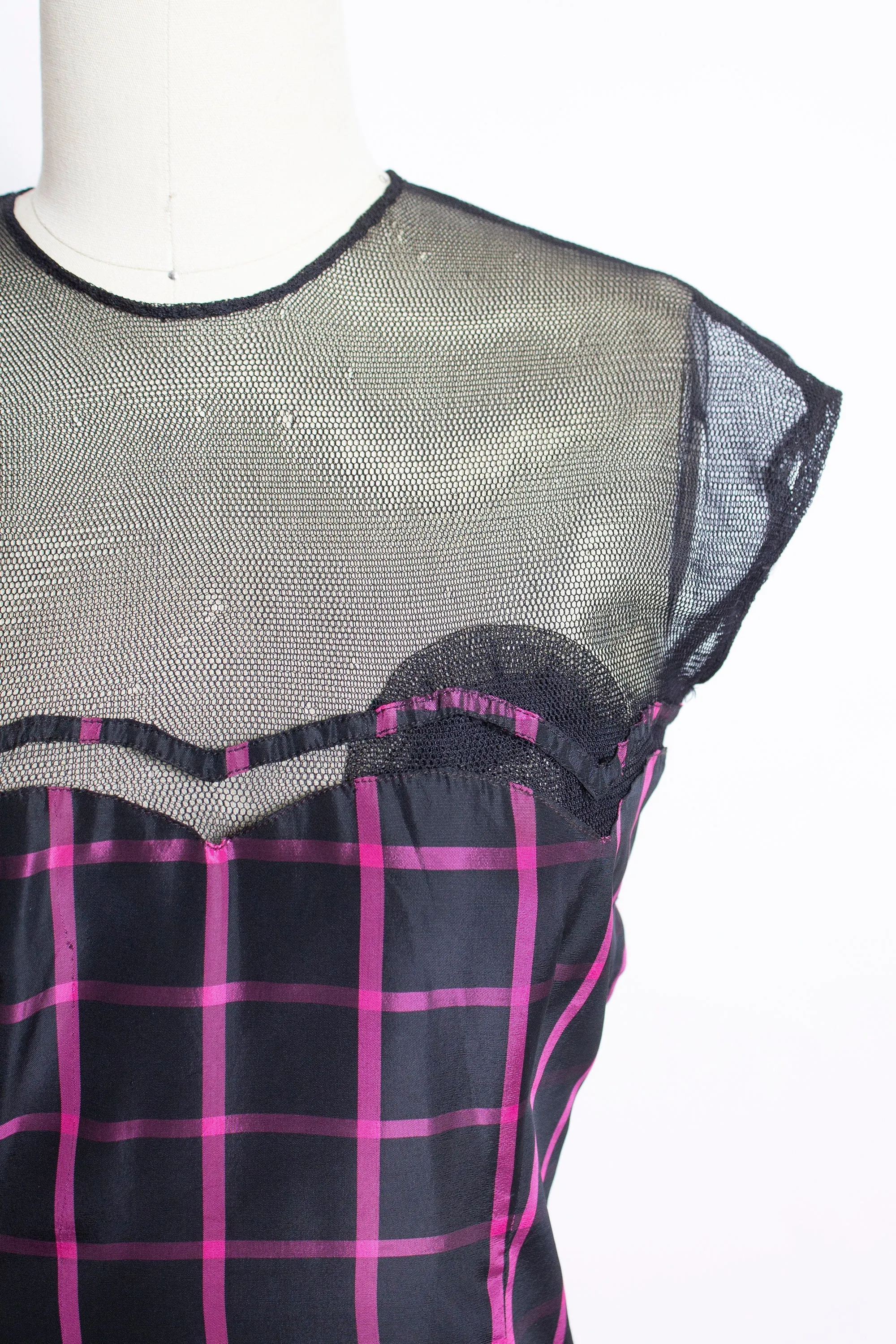 1940s Dress Black Pink Taffeta Illusion Gown 40s Small