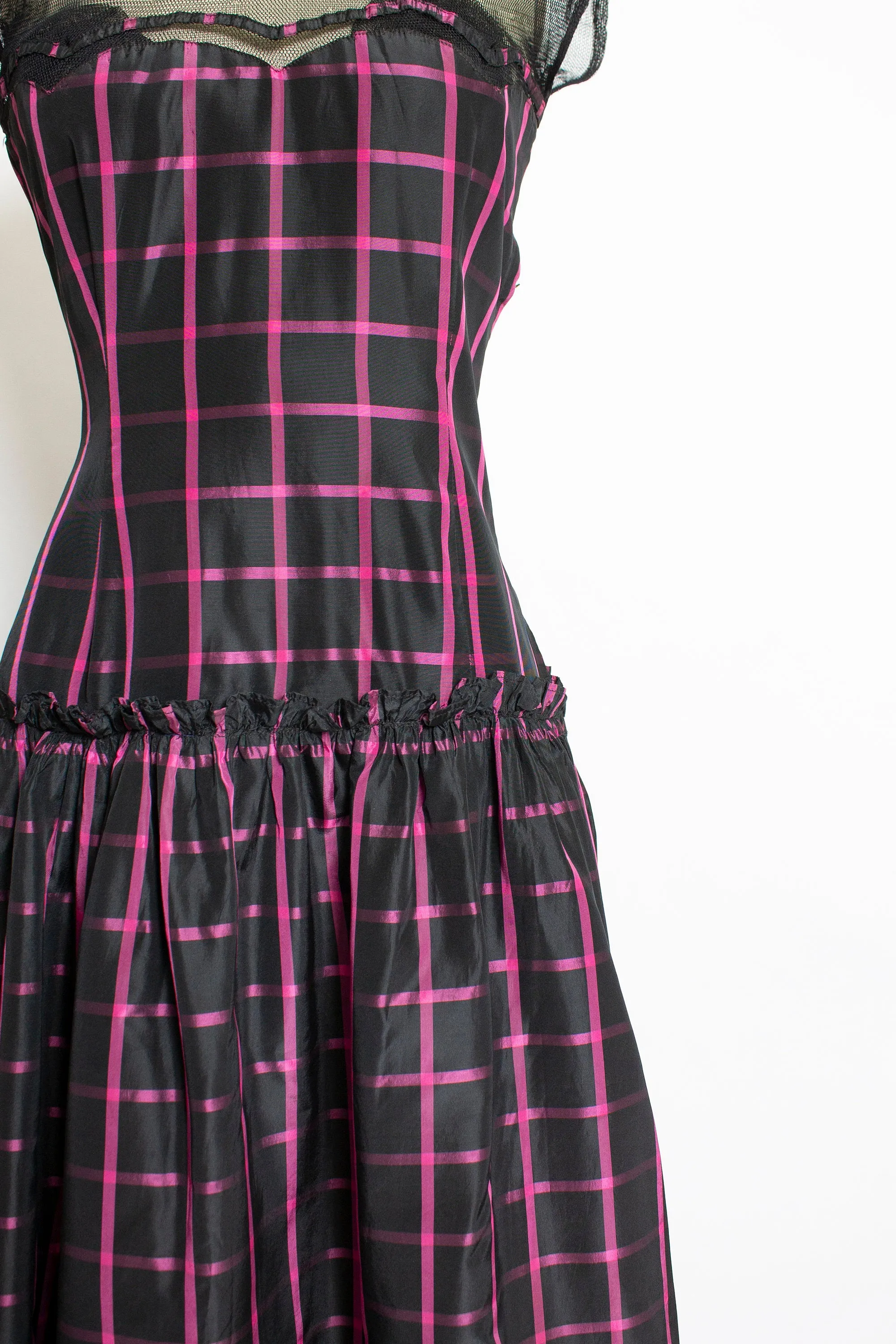 1940s Dress Black Pink Taffeta Illusion Gown 40s Small