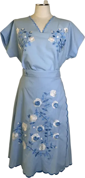 '60s Floral Embroidered Cotton Wrap Skirt and Top Set