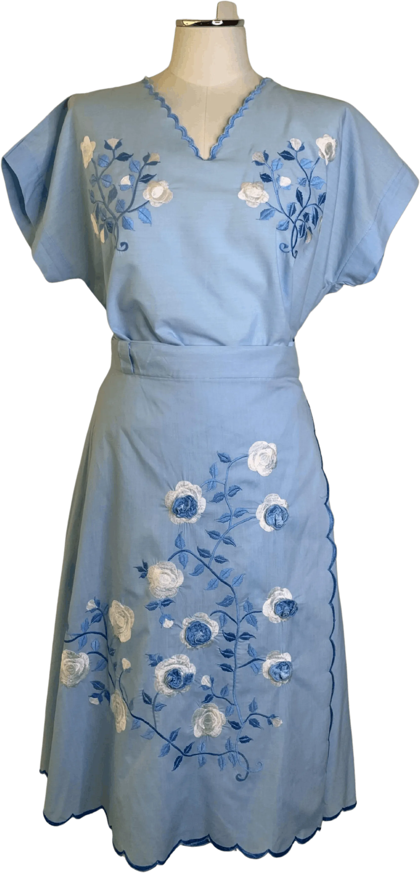 '60s Floral Embroidered Cotton Wrap Skirt and Top Set