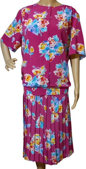 '80’s Polyester Pink Floral Pleated Skirt Set by Alfred Dunner
