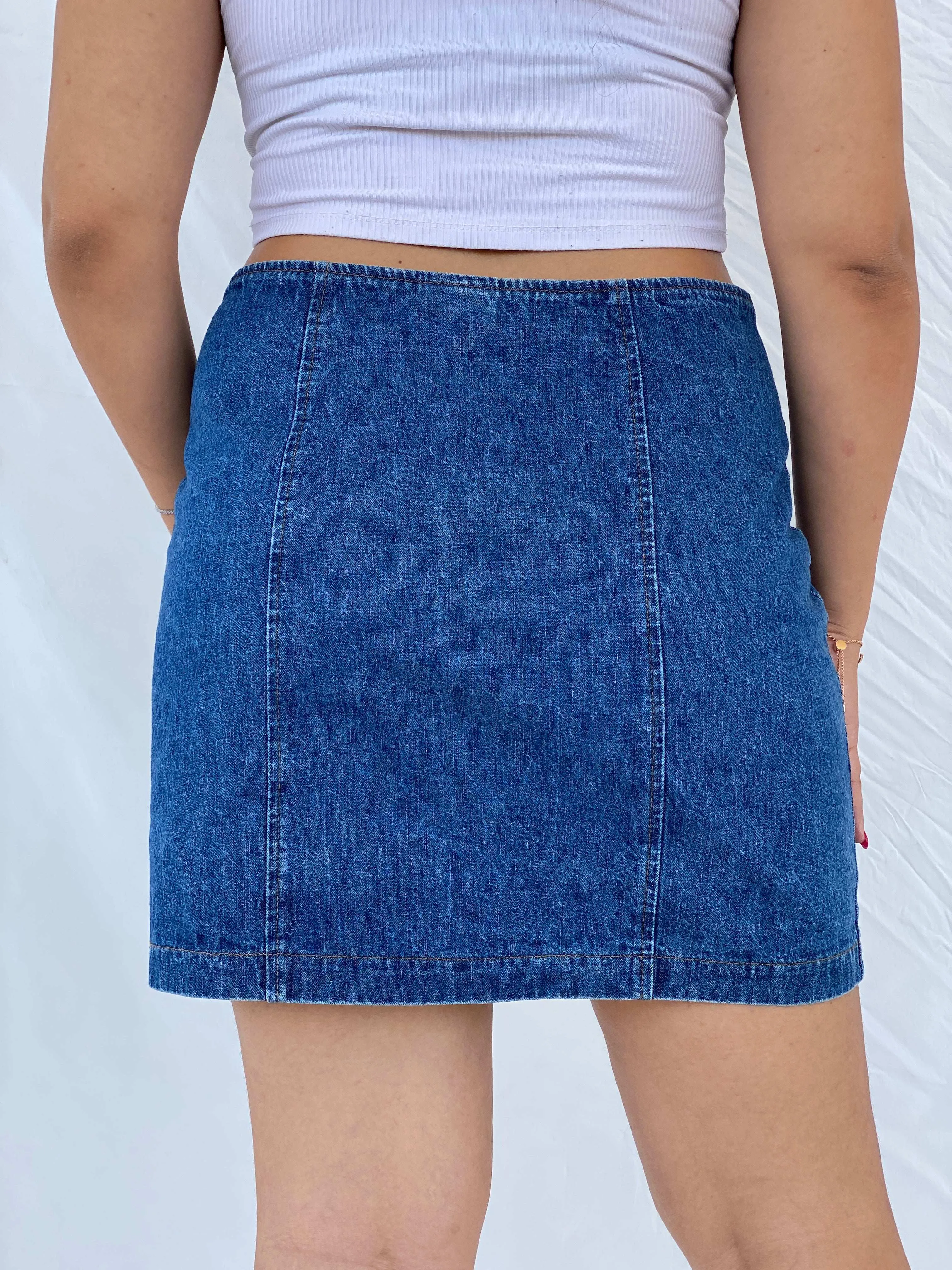 90s Vintage Blue Button Up Denim Skirt - L