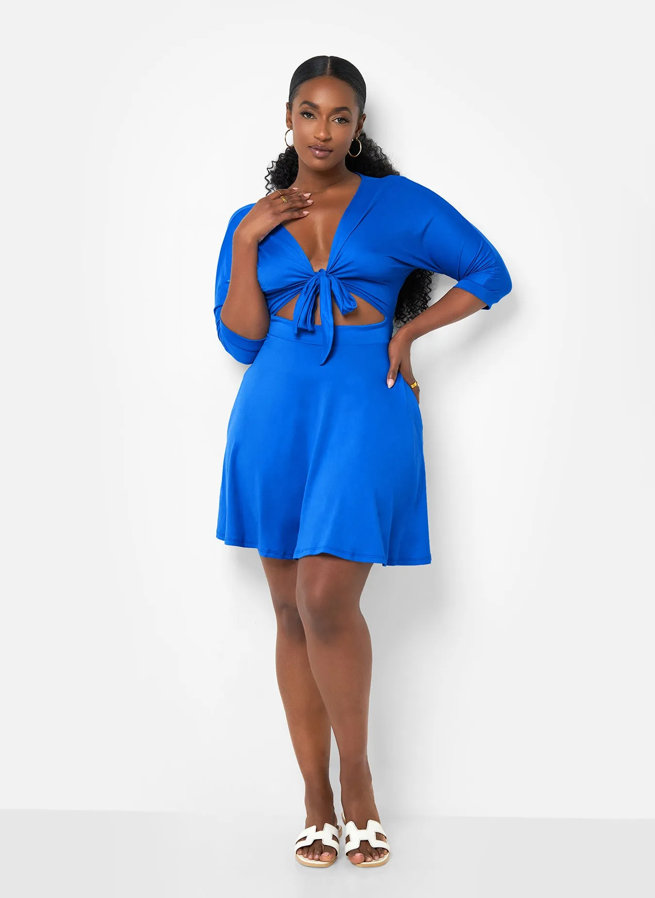 Aimee Front Tie Mini Skater Dress - Royal Blue
