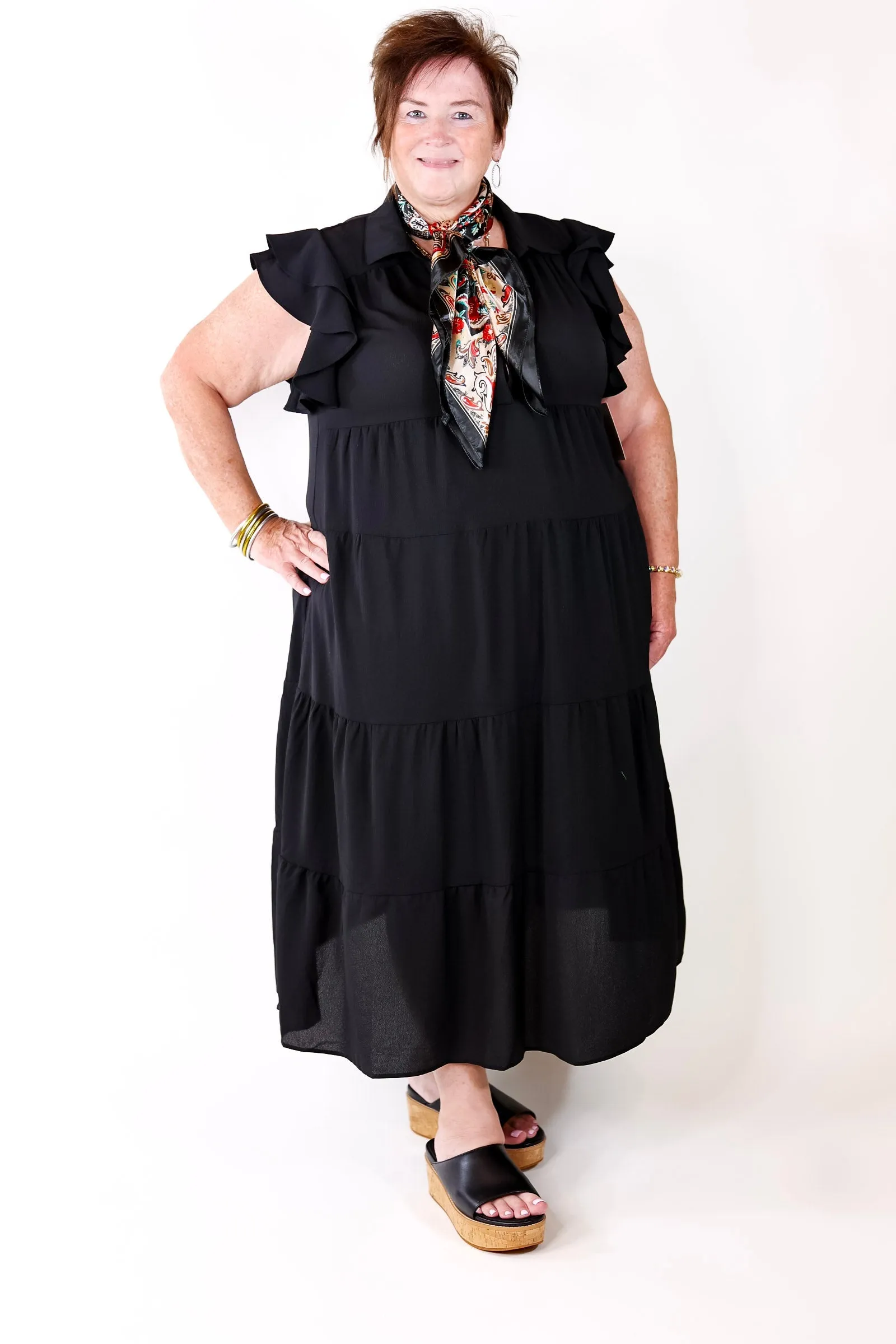 All Of A Sudden Tiered Midi Dress with Ruffle Cap Sleeves in Black