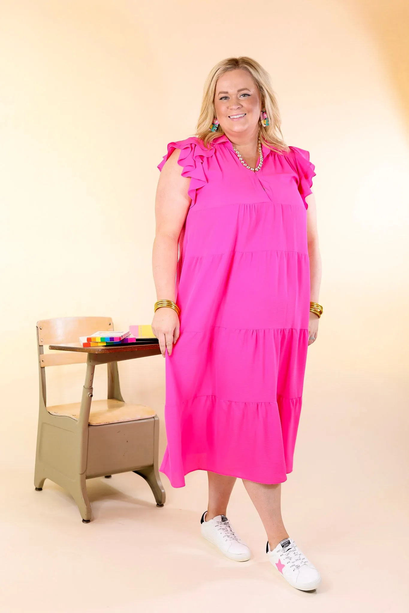 All Of A Sudden Tiered Midi Dress with Ruffle Cap Sleeves in Hot Pink