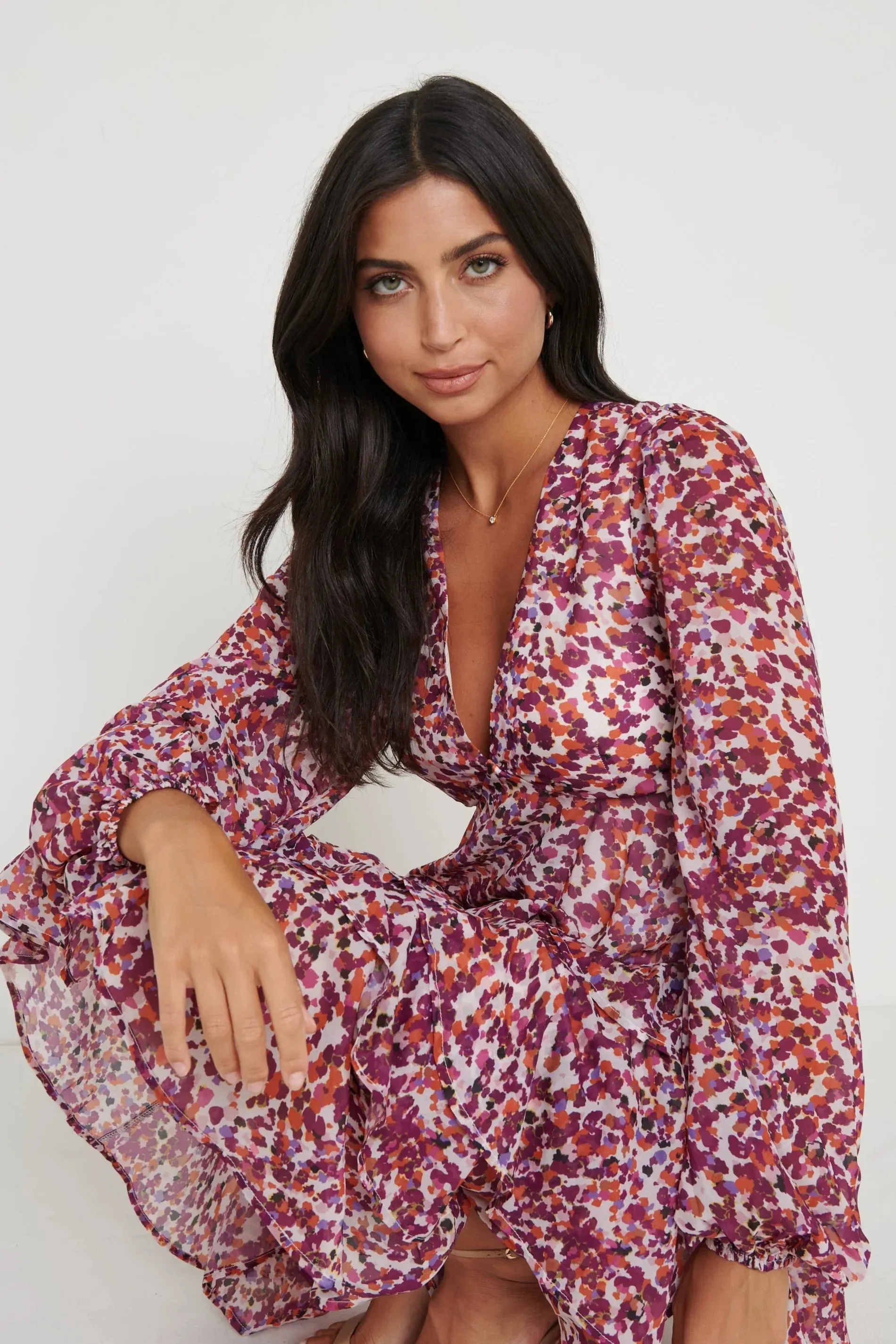 ASHTON RUFFLE MIDI DRESS (CORAL ABSTRACT) CURVE