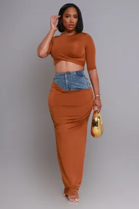 At Rest Cropped Maxi Skirt Set - Brown/ Denim