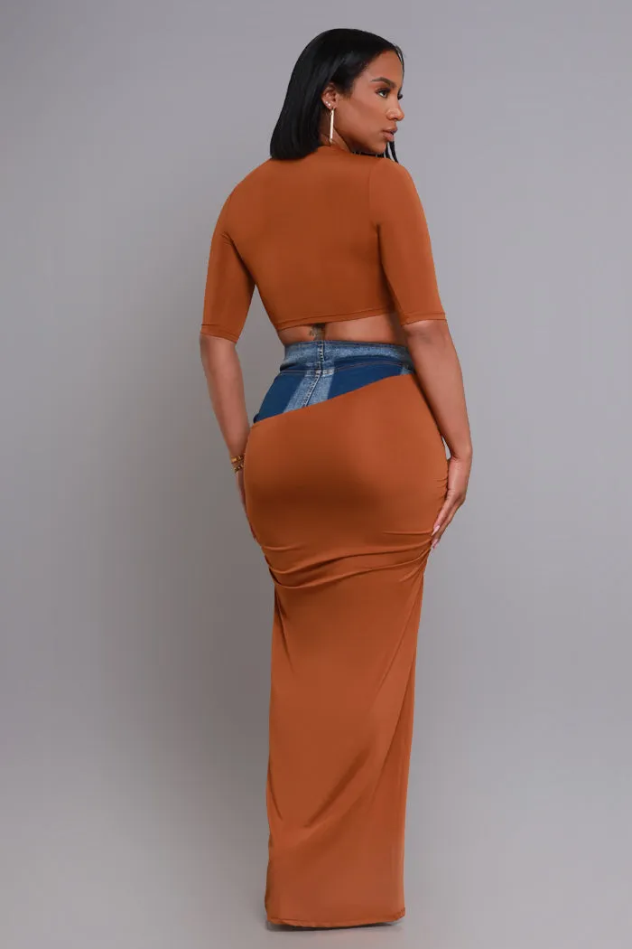 At Rest Cropped Maxi Skirt Set - Brown/ Denim