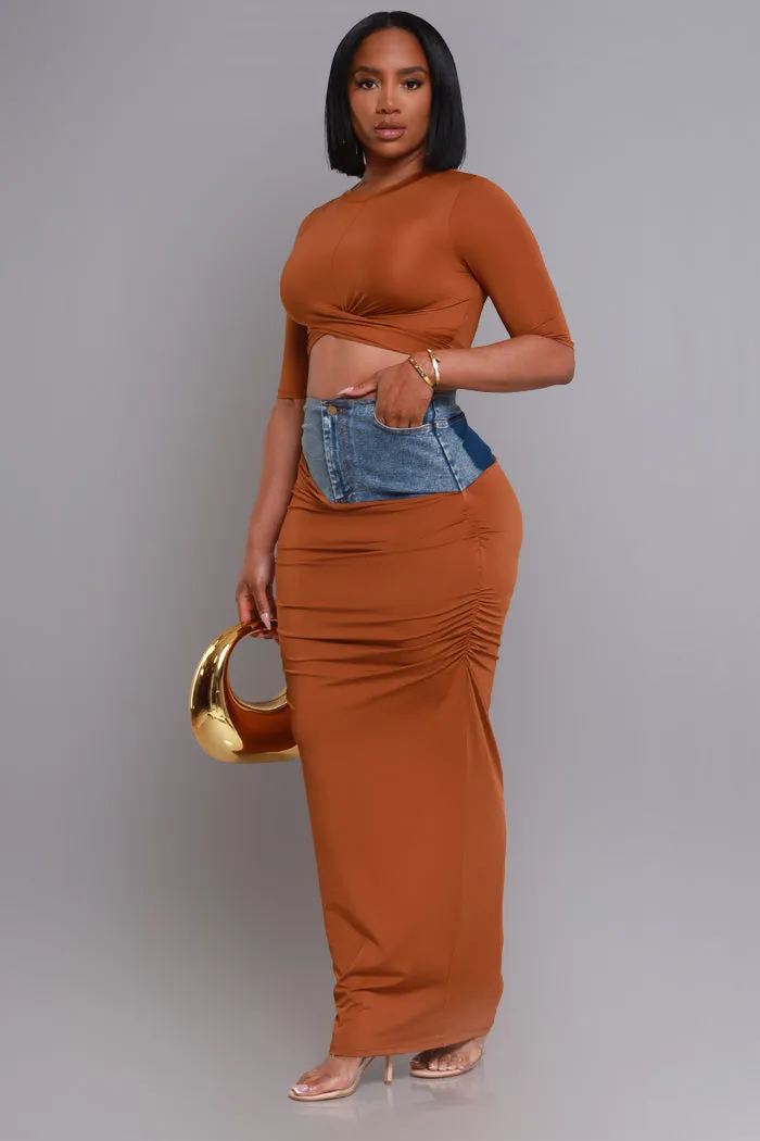 At Rest Cropped Maxi Skirt Set - Brown/ Denim