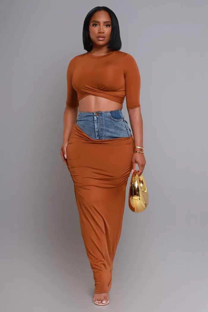 At Rest Cropped Maxi Skirt Set - Brown/ Denim