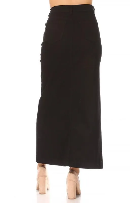 Ava Long Color Denim Skirt (Black)