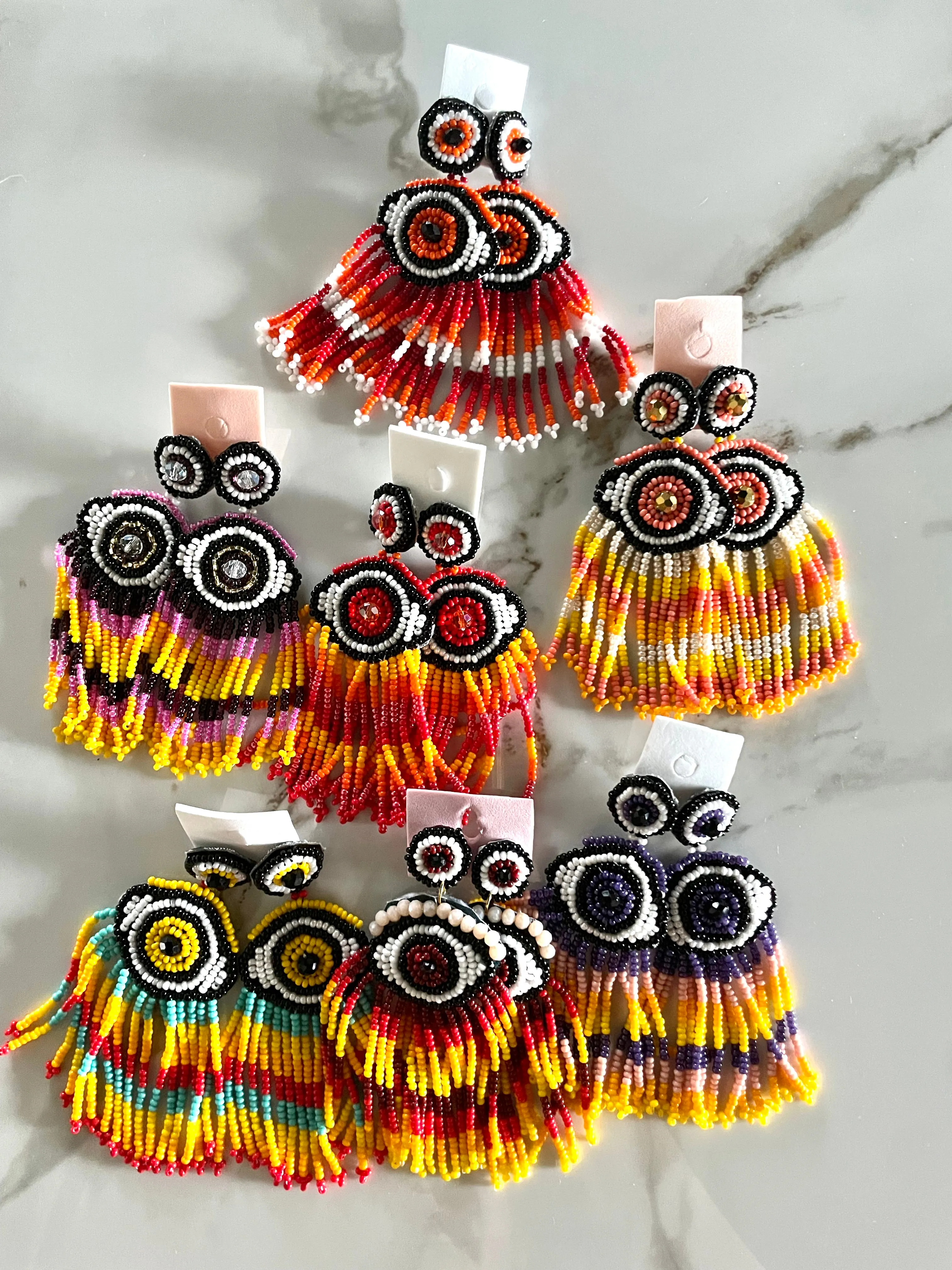 Beaded fringe evil eye earrings (Orange )
