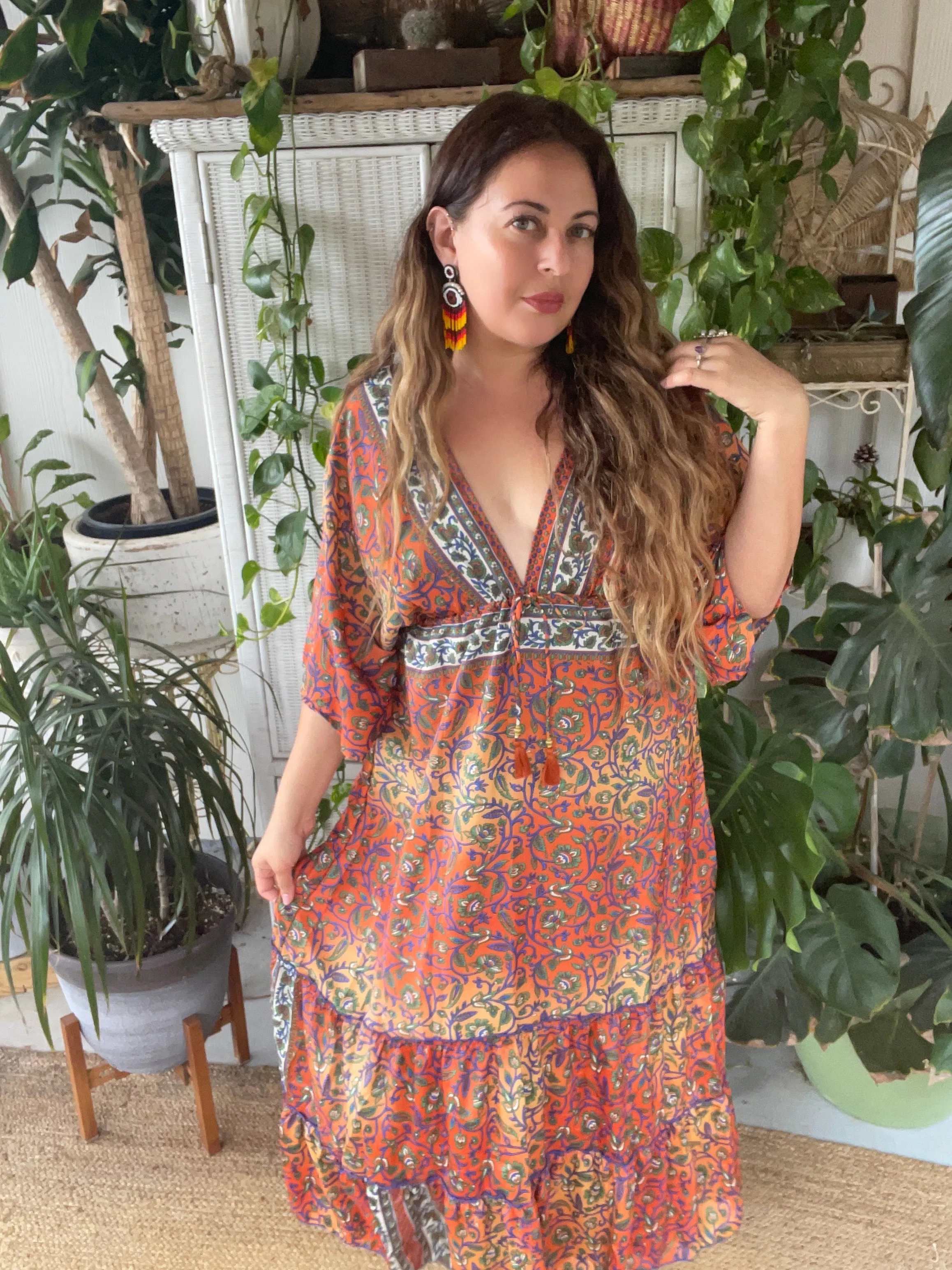 Beaded fringe evil eye earrings (Orange )