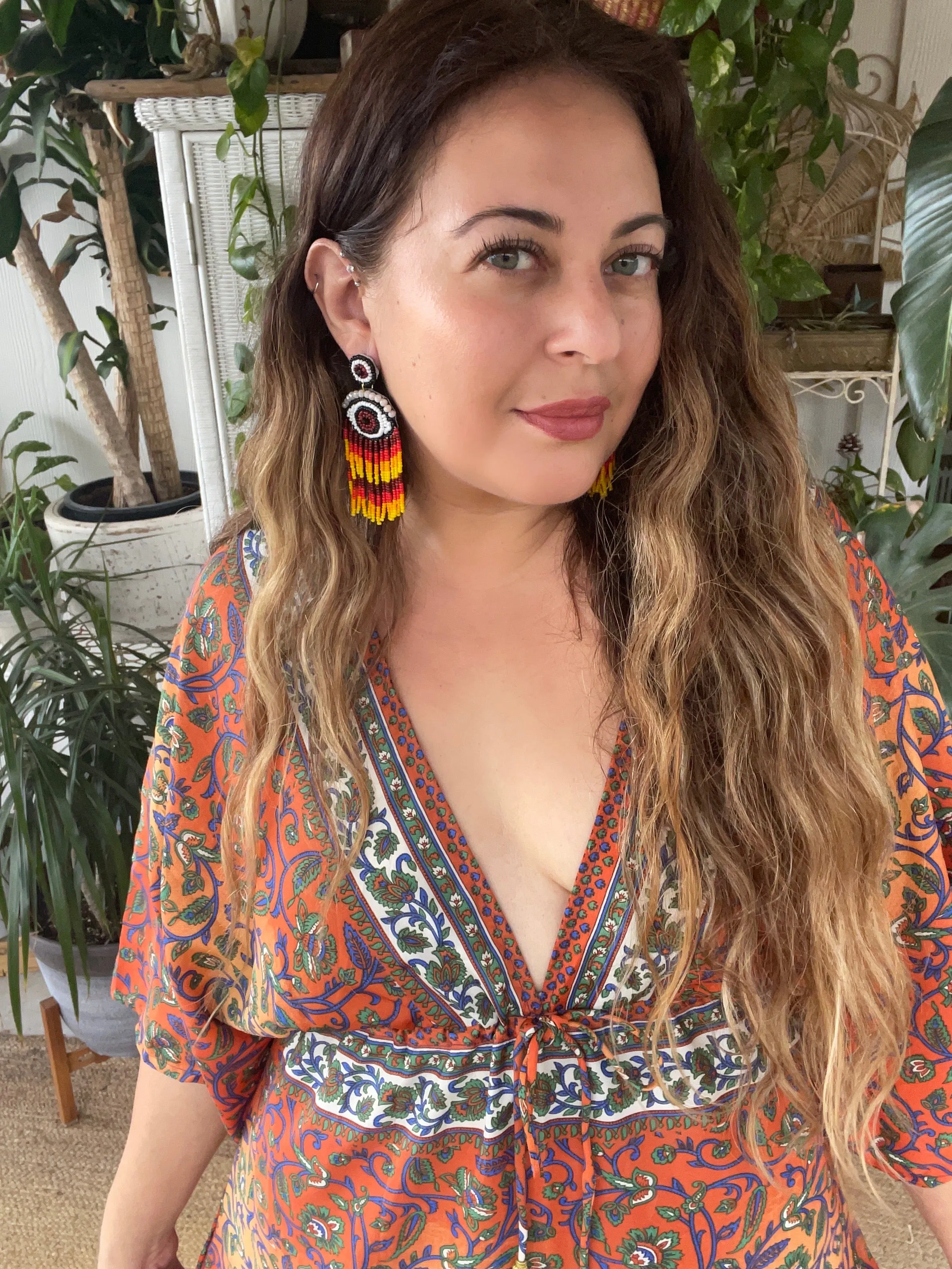 Beaded fringe evil eye earrings (Orange )