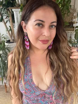 Beaded fringe evil eye earrings (pink )