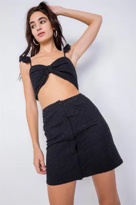 Black Eyelet Open Back Ruffle Trim Cop & Vintage Mini Skirt Set /3-2-1