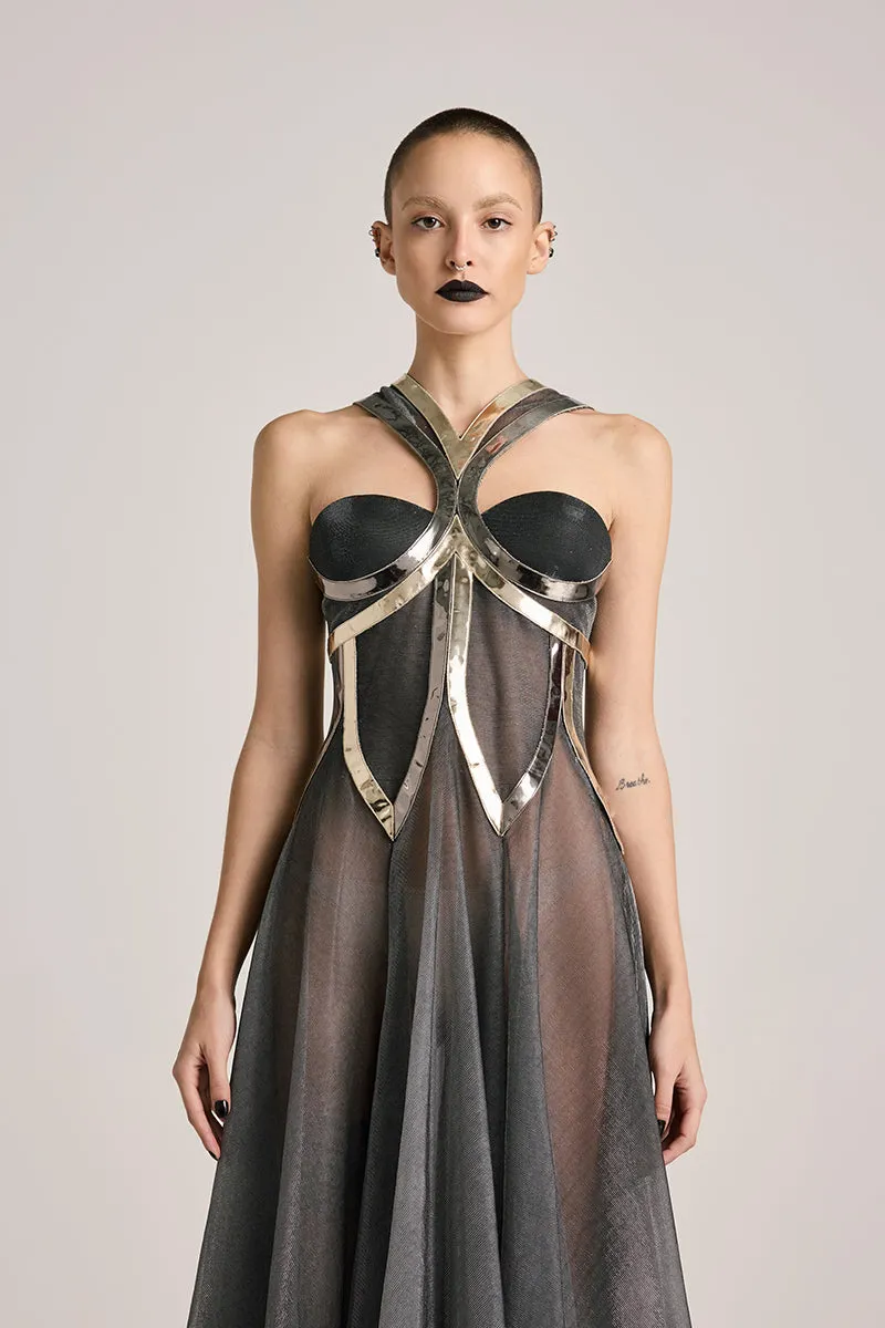 BLACK LUREX-TULLE GODET GOWN