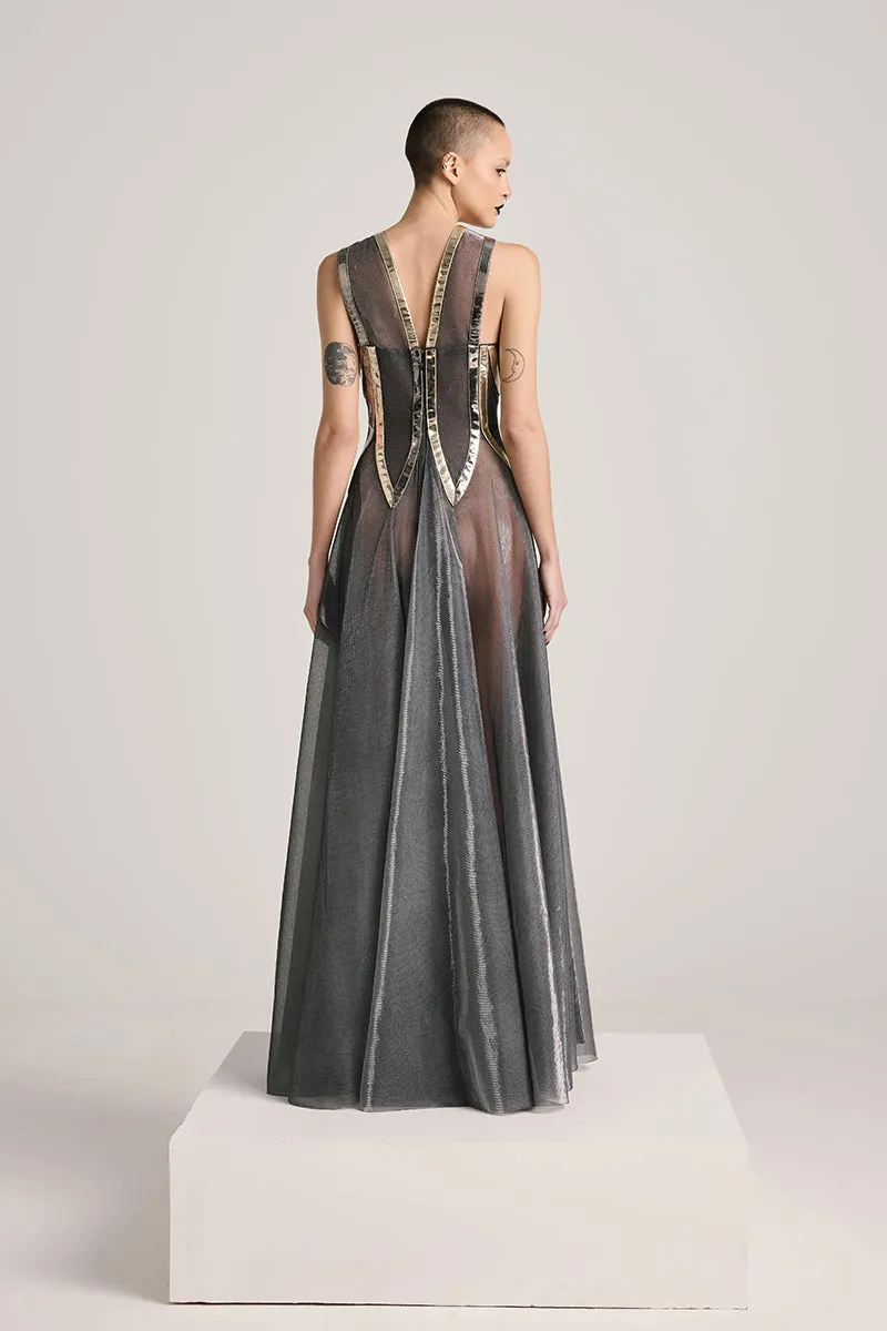 BLACK LUREX-TULLE GODET GOWN