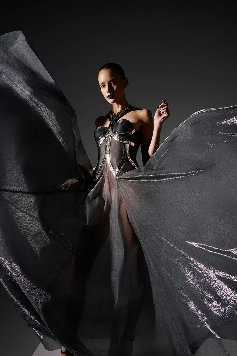 BLACK LUREX-TULLE GODET GOWN