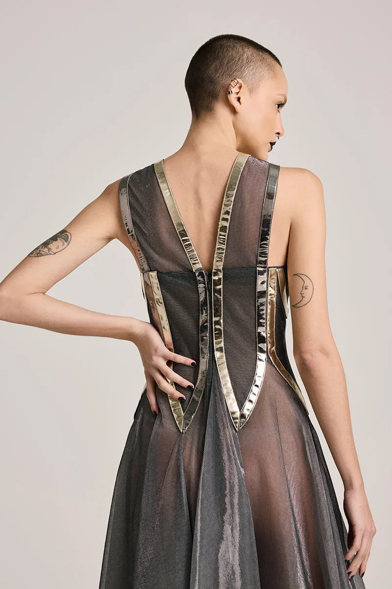 BLACK LUREX-TULLE GODET GOWN