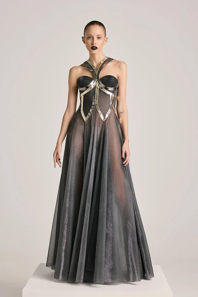 BLACK LUREX-TULLE GODET GOWN
