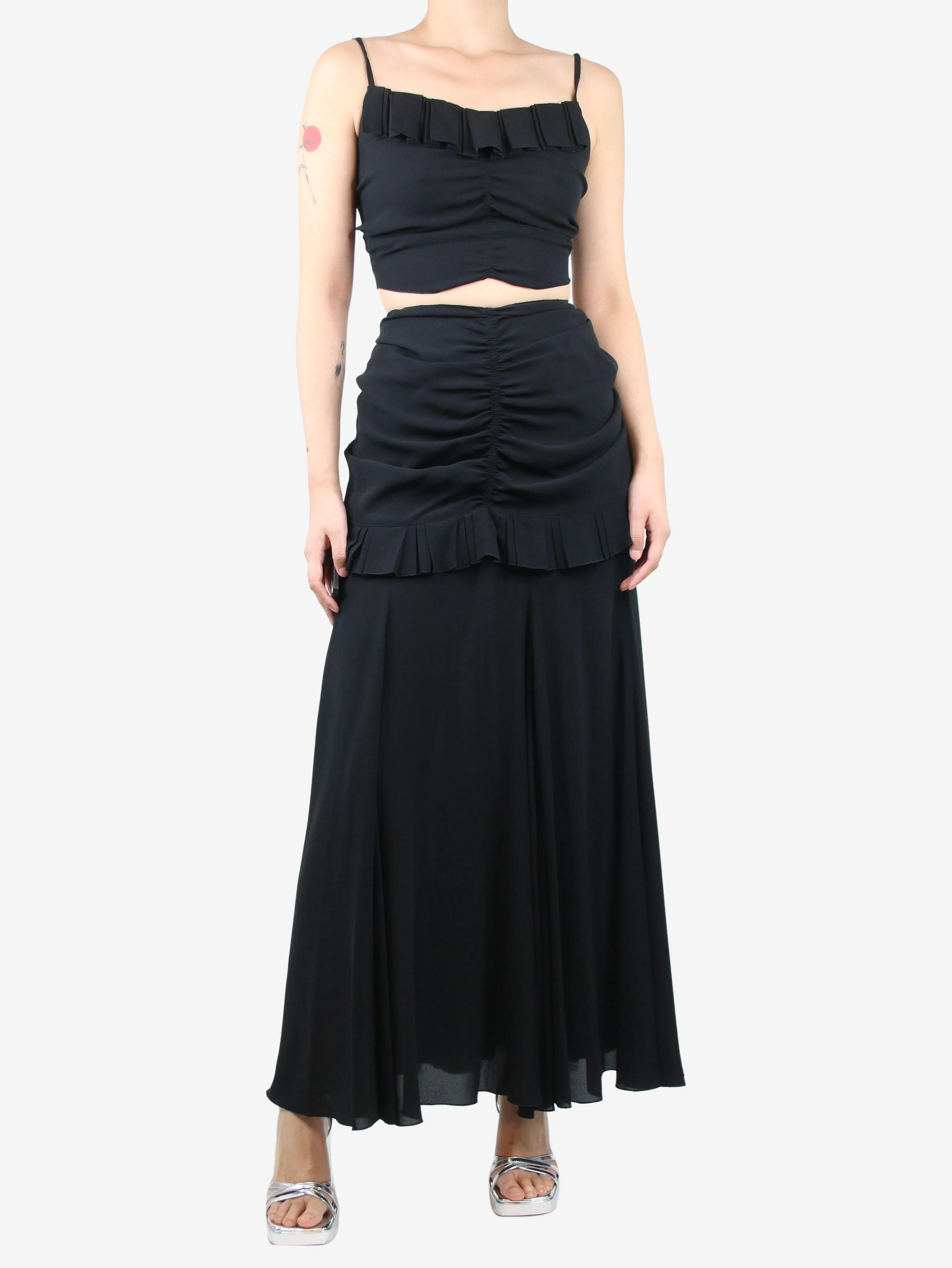 Black three-piece ruffled top, waist and maxi skirt set - size UK 10