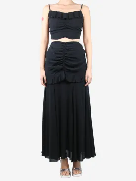 Black three-piece ruffled top, waist and maxi skirt set - size UK 10