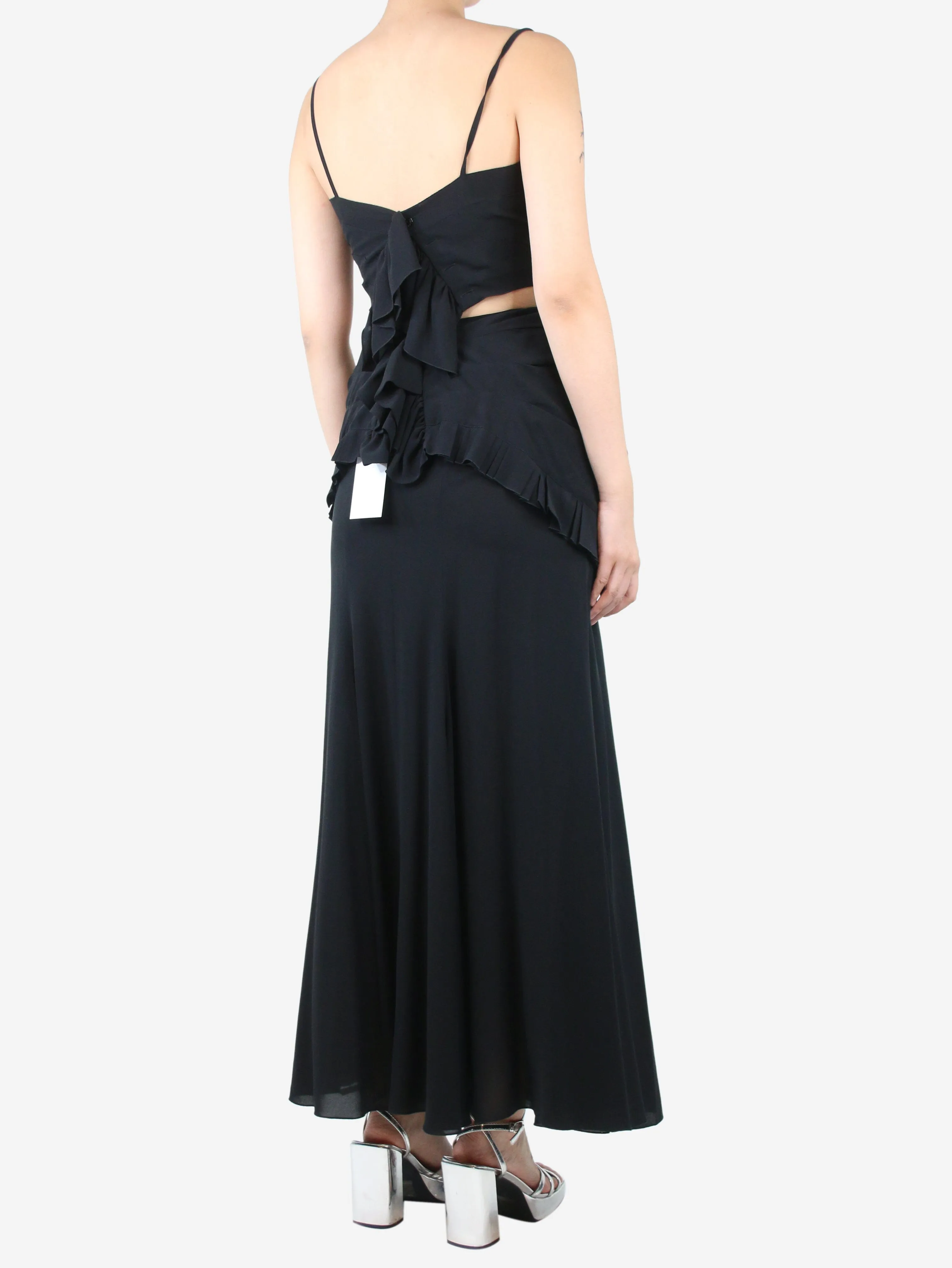 Black three-piece ruffled top, waist and maxi skirt set - size UK 10