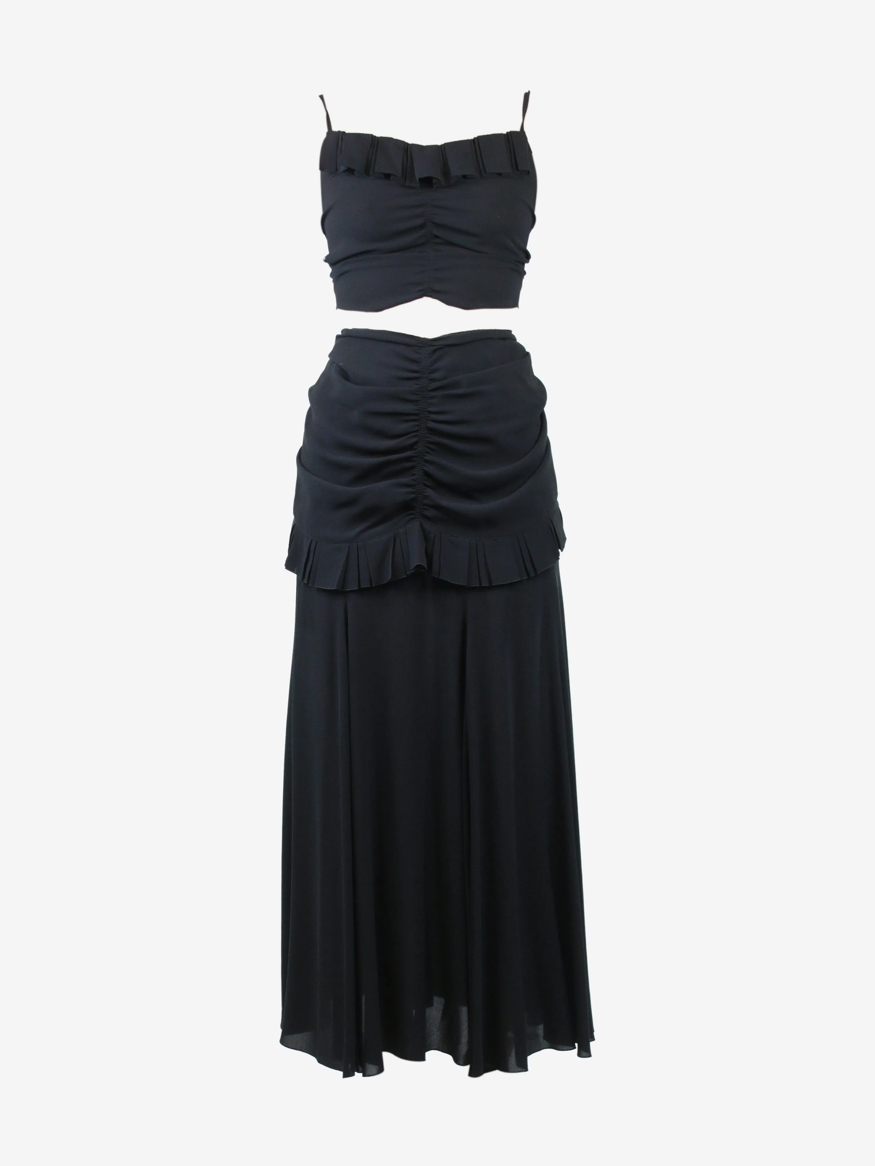 Black three-piece ruffled top, waist and maxi skirt set - size UK 10