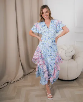 Blue Ditsy Floral Ruffle Mix and Match Midi Dress