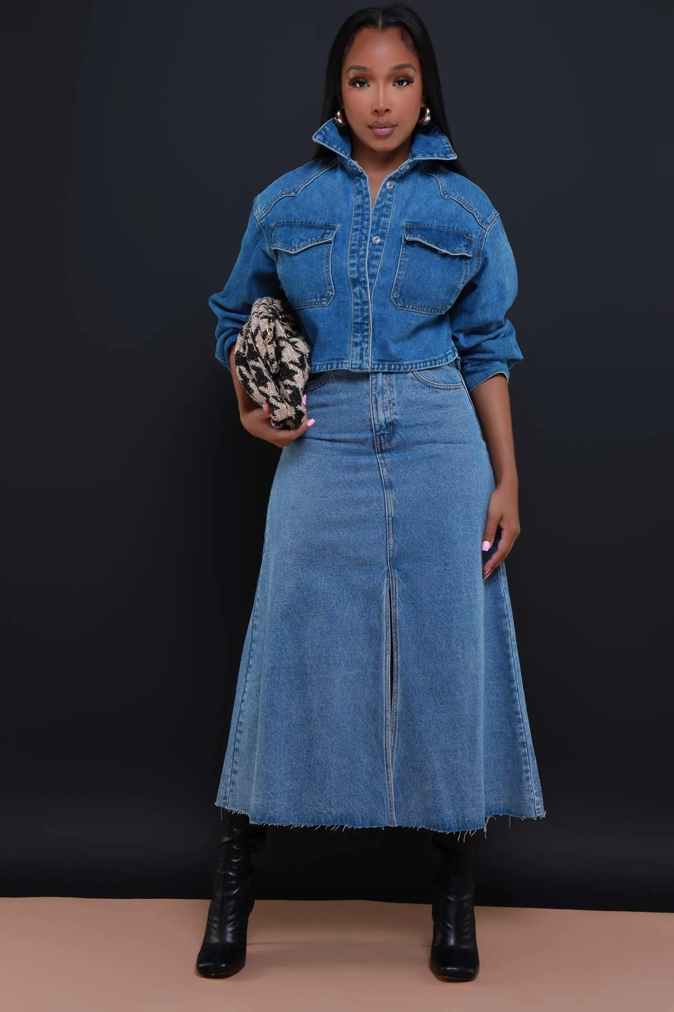 Carried Away Flared Denim Maxi Skirt - Light Wash