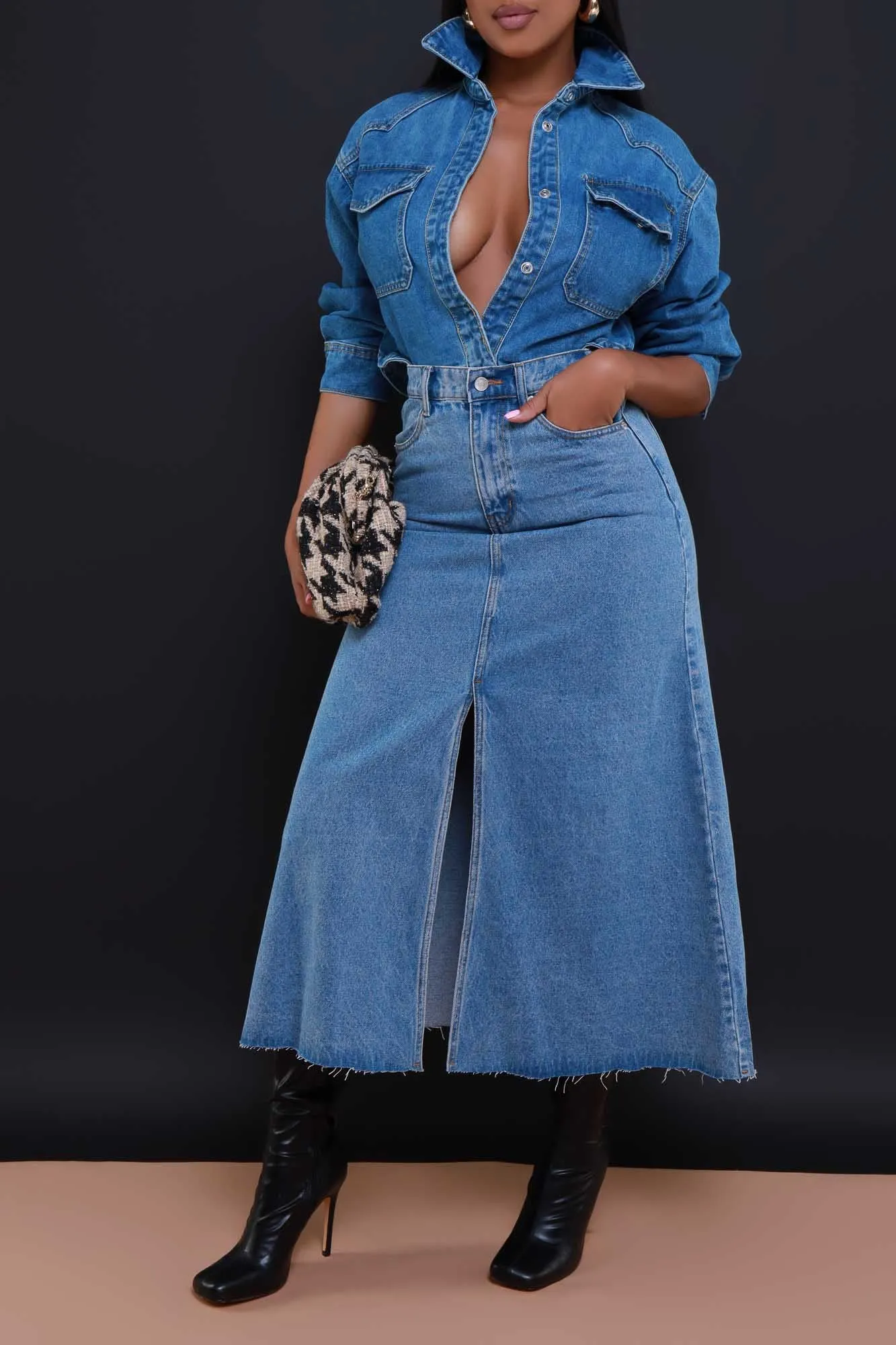 Carried Away Flared Denim Maxi Skirt - Light Wash