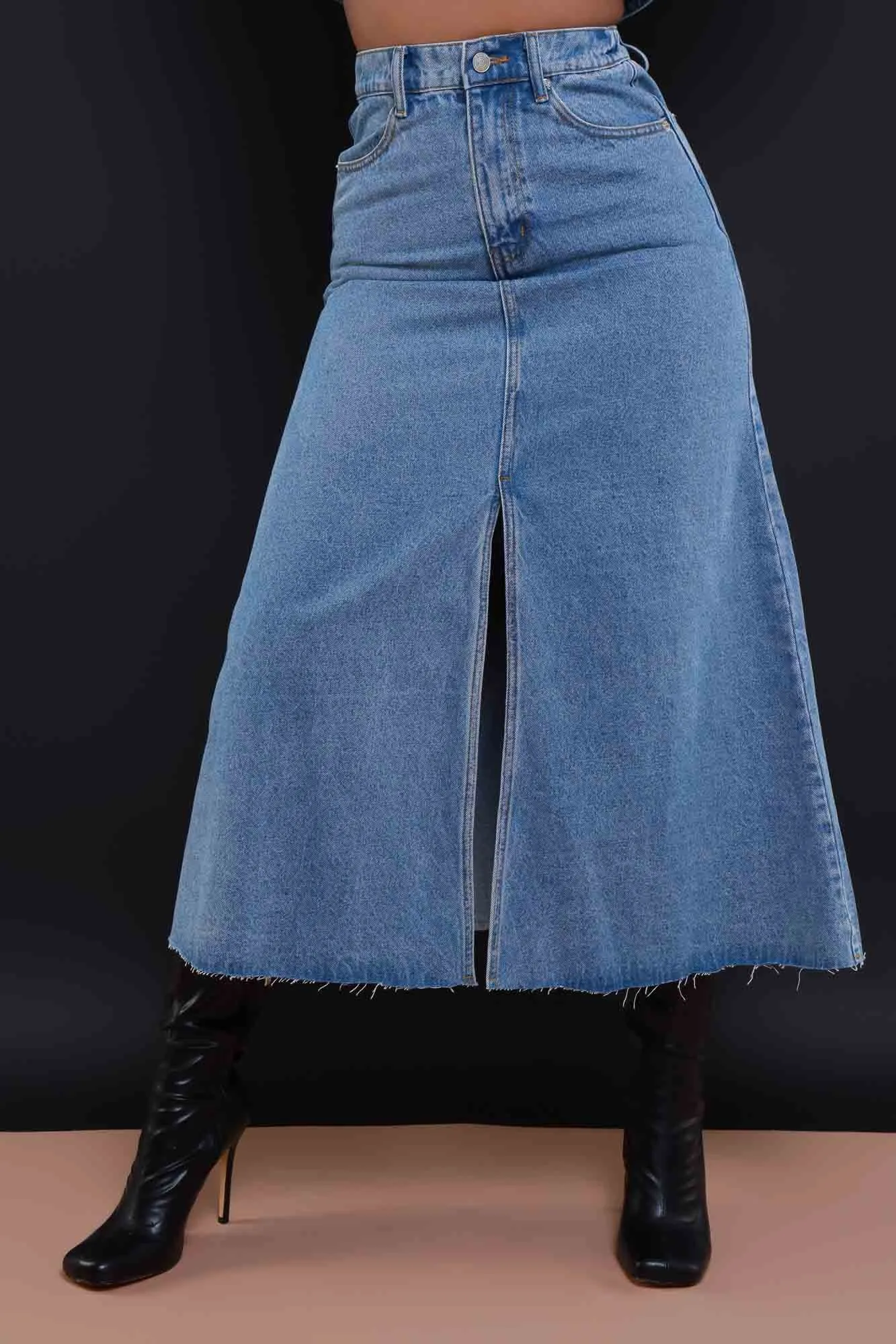 Carried Away Flared Denim Maxi Skirt - Light Wash