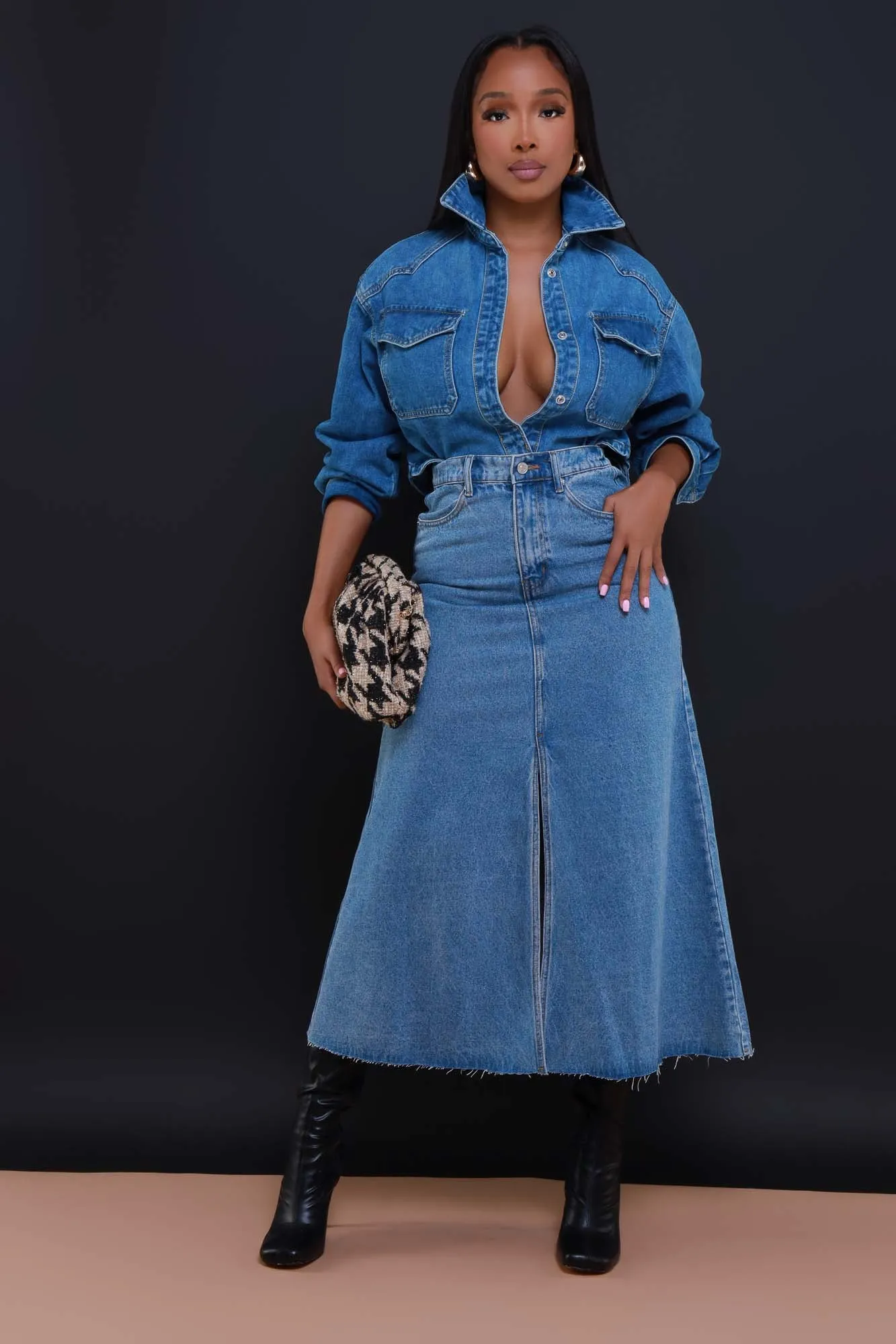 Carried Away Flared Denim Maxi Skirt - Light Wash