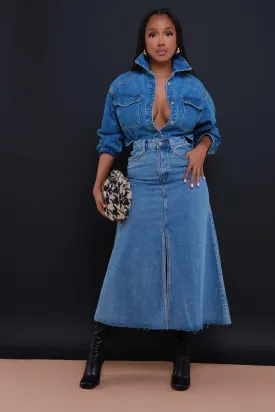 Carried Away Flared Denim Maxi Skirt - Light Wash