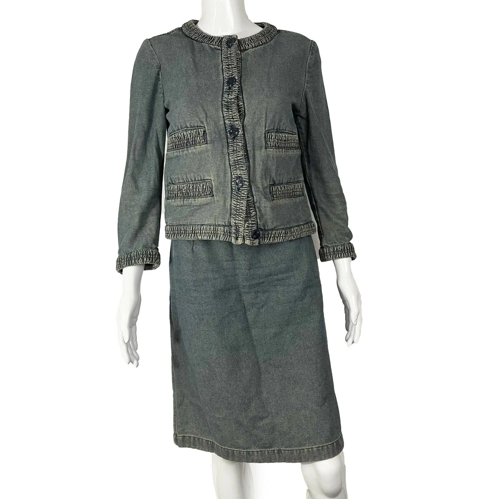 Chanel - Vintage 01P Washed Denim Jacket & Skirt Set - CC Buttons - Size 36 US 4