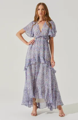 Cherli Floral Lace Up Tiered Ruffle Midi Dress