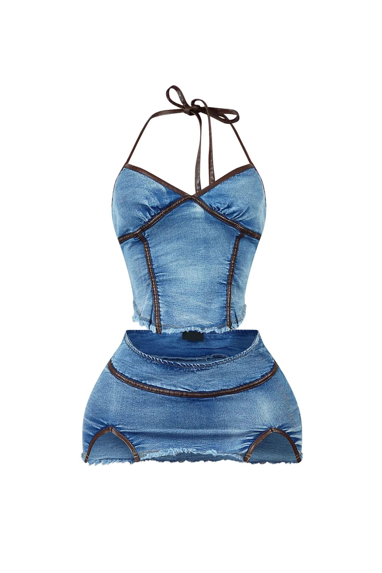 City At Night Denim Halter Top & Skirt SET