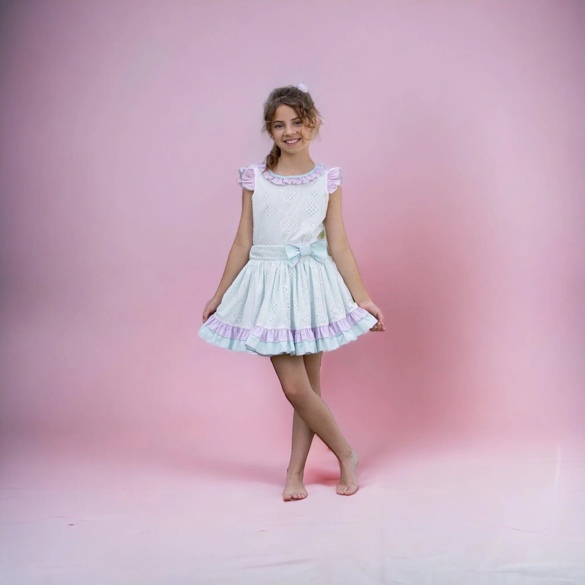 CLEARANCE SALE Abuela Tata - Girls White, Mint & Lilac Skirt & Blouse Set