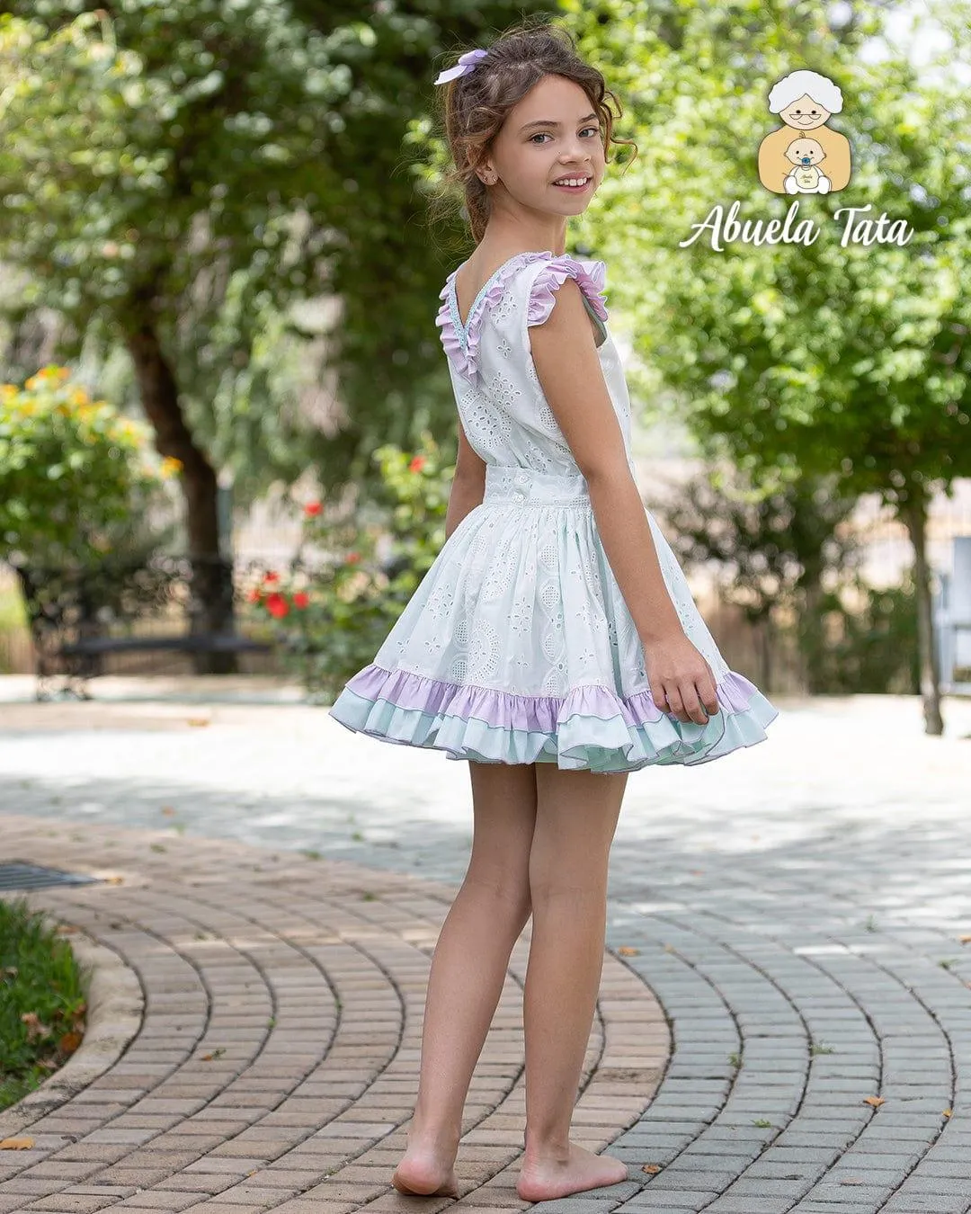 CLEARANCE SALE Abuela Tata - Girls White, Mint & Lilac Skirt & Blouse Set