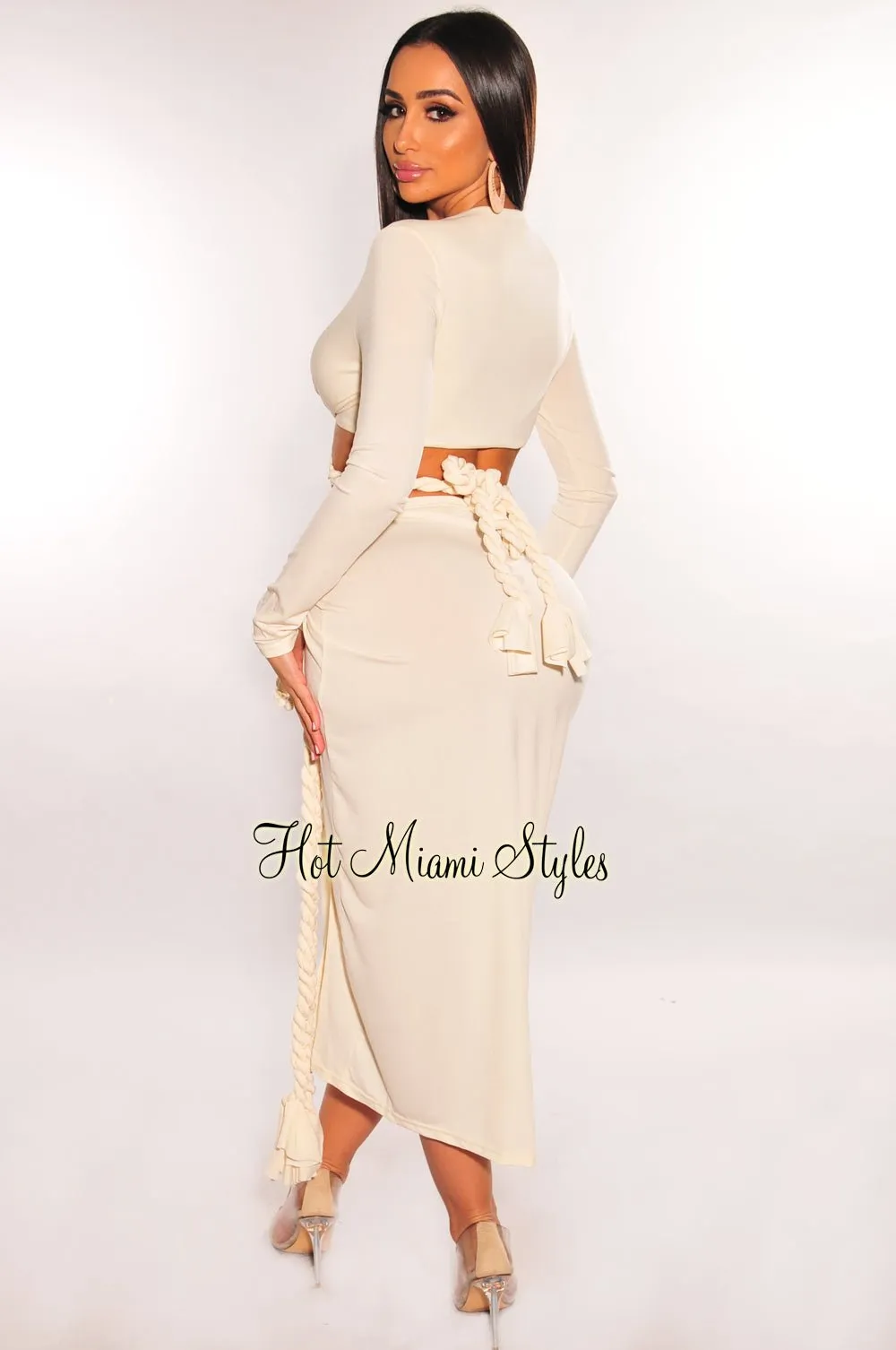 Cream Long Sleeve Wrap Around Twist Rope Skirt Two Piece Set