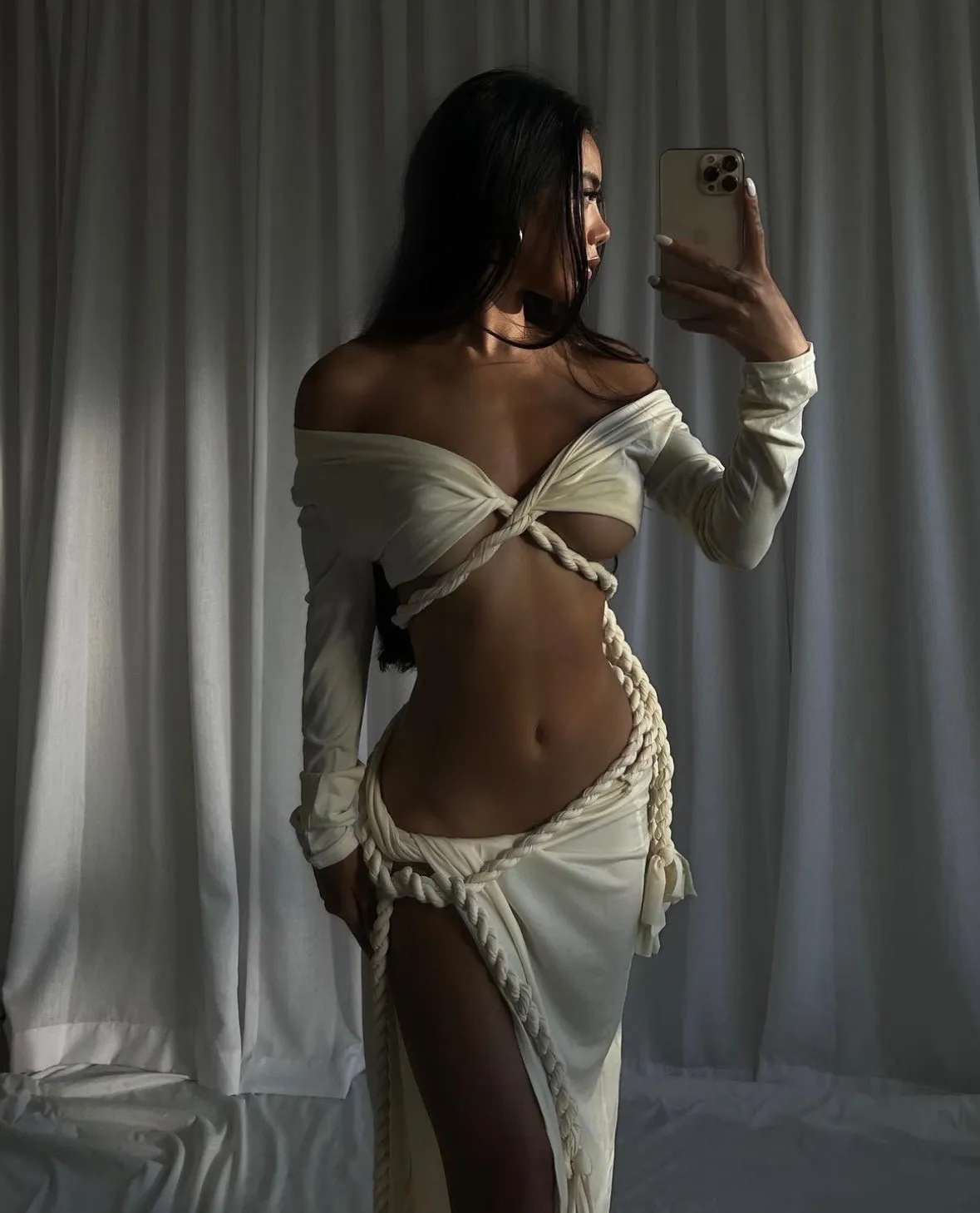 Cream Long Sleeve Wrap Around Twist Rope Skirt Two Piece Set