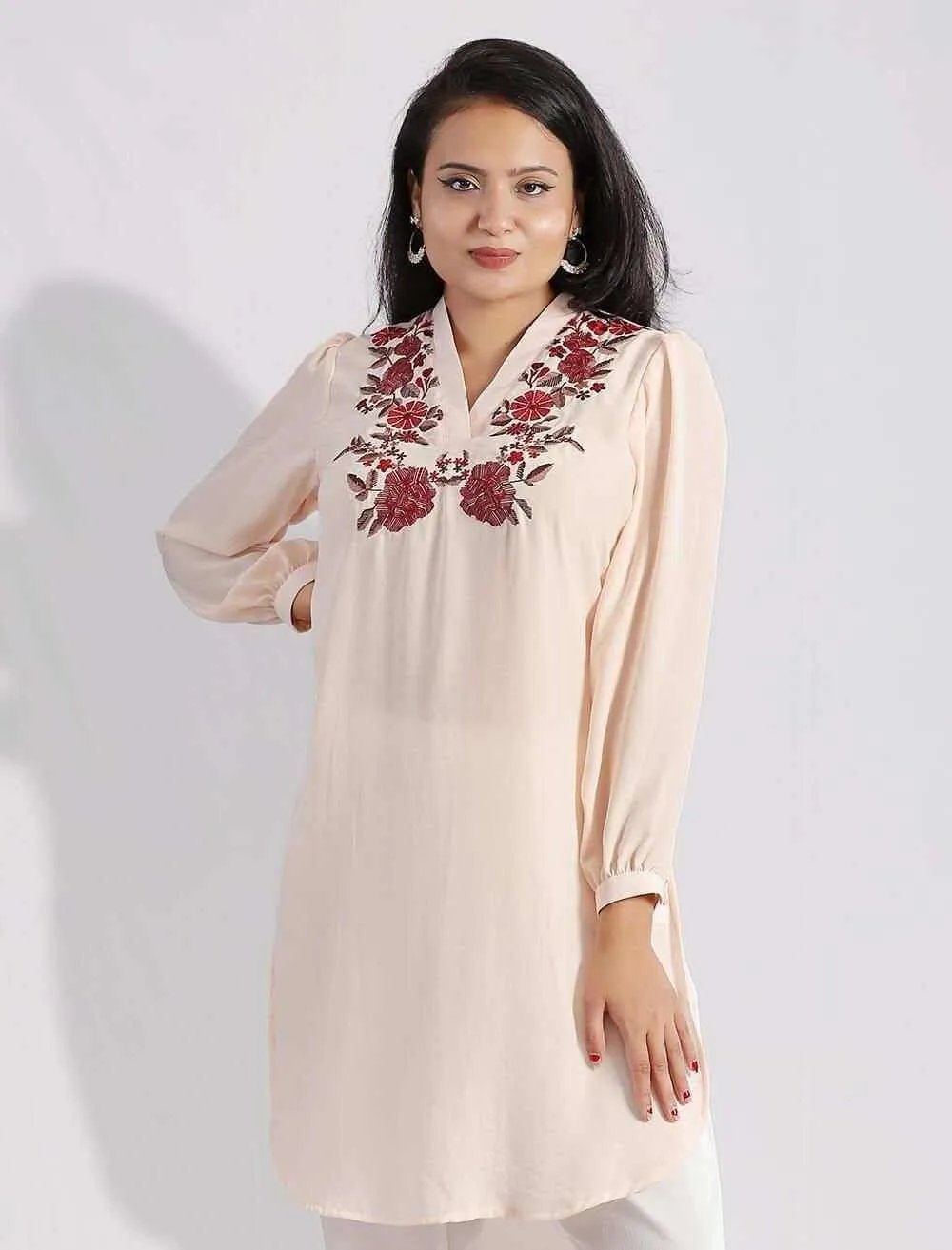 Embroidered Kurti With High Low Rounded Hem