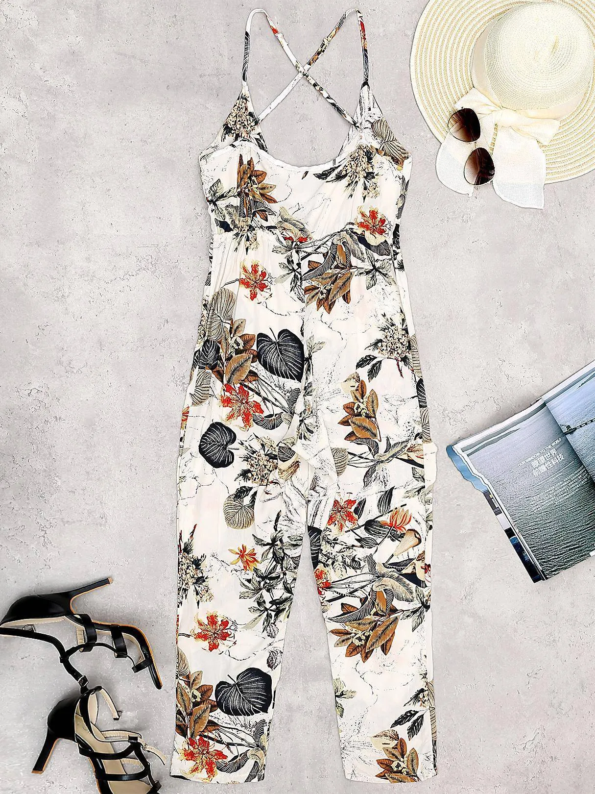 Floral Print V-neck Sleeveless Jumpsuit