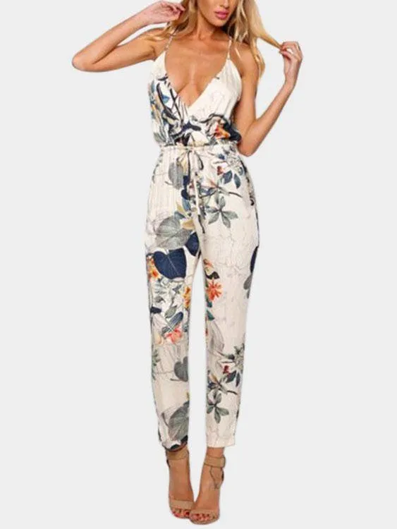 Floral Print V-neck Sleeveless Jumpsuit