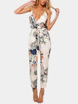Floral Print V-neck Sleeveless Jumpsuit