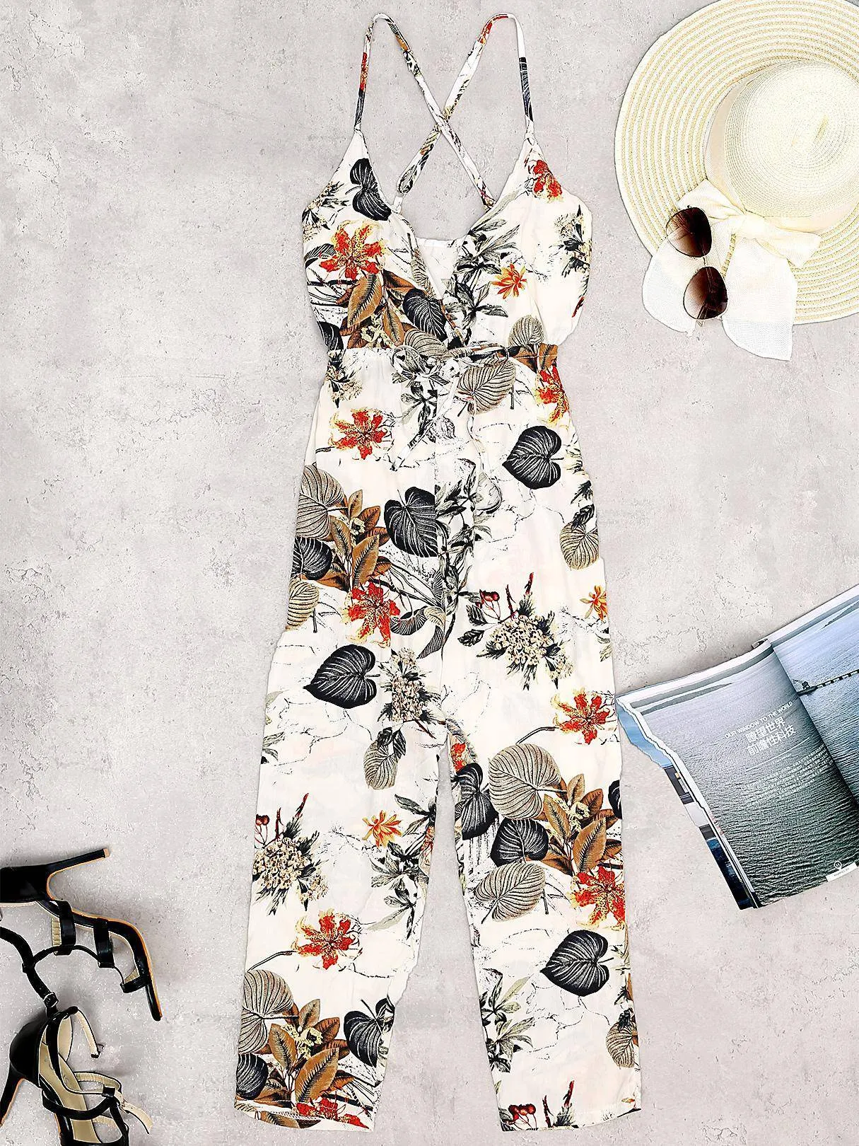 Floral Print V-neck Sleeveless Jumpsuit